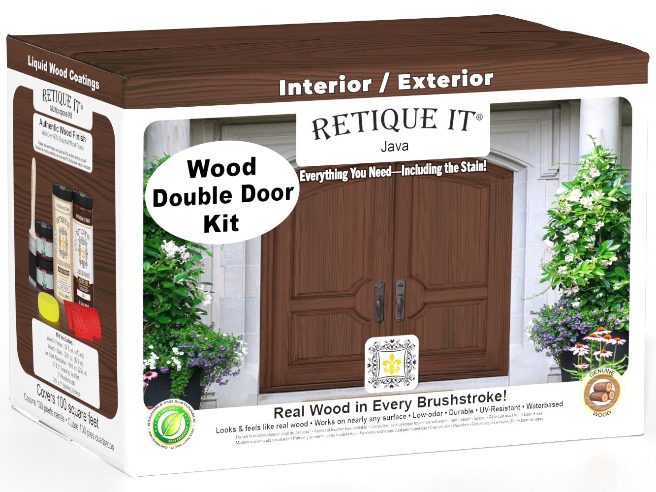 Double wood front door stained with Retique It® Wood'n Finish Java stain, showcasing natural wood grain and rich color.