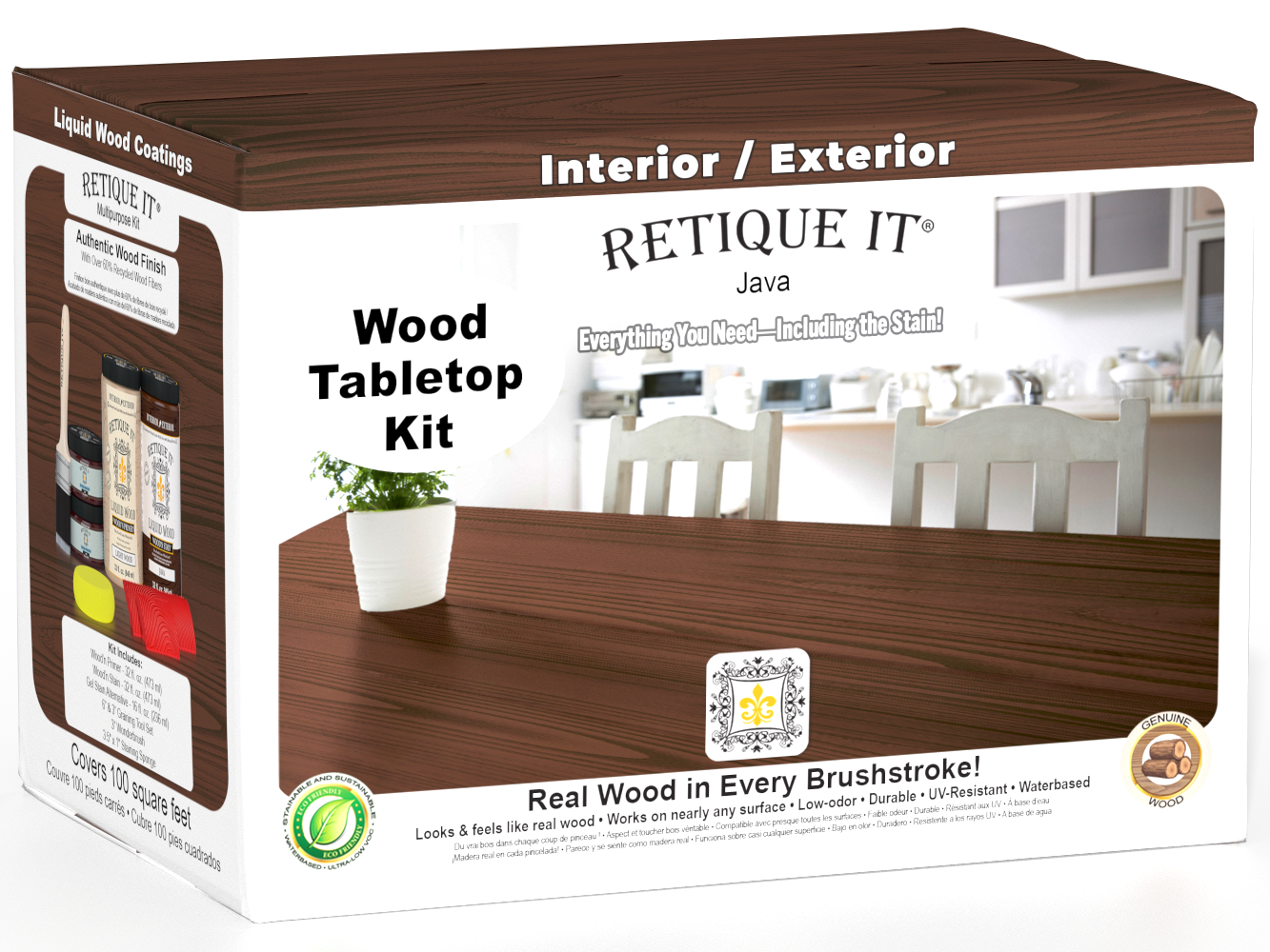Retique It® Wood'n Finish Kit in Java for tabletops, includes four large stain containers with wood finish swatches.
