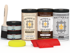 Large Java Wood'n Finish Kit by Retique It® with exterior top coat, includes matte wood finishing products and tools.