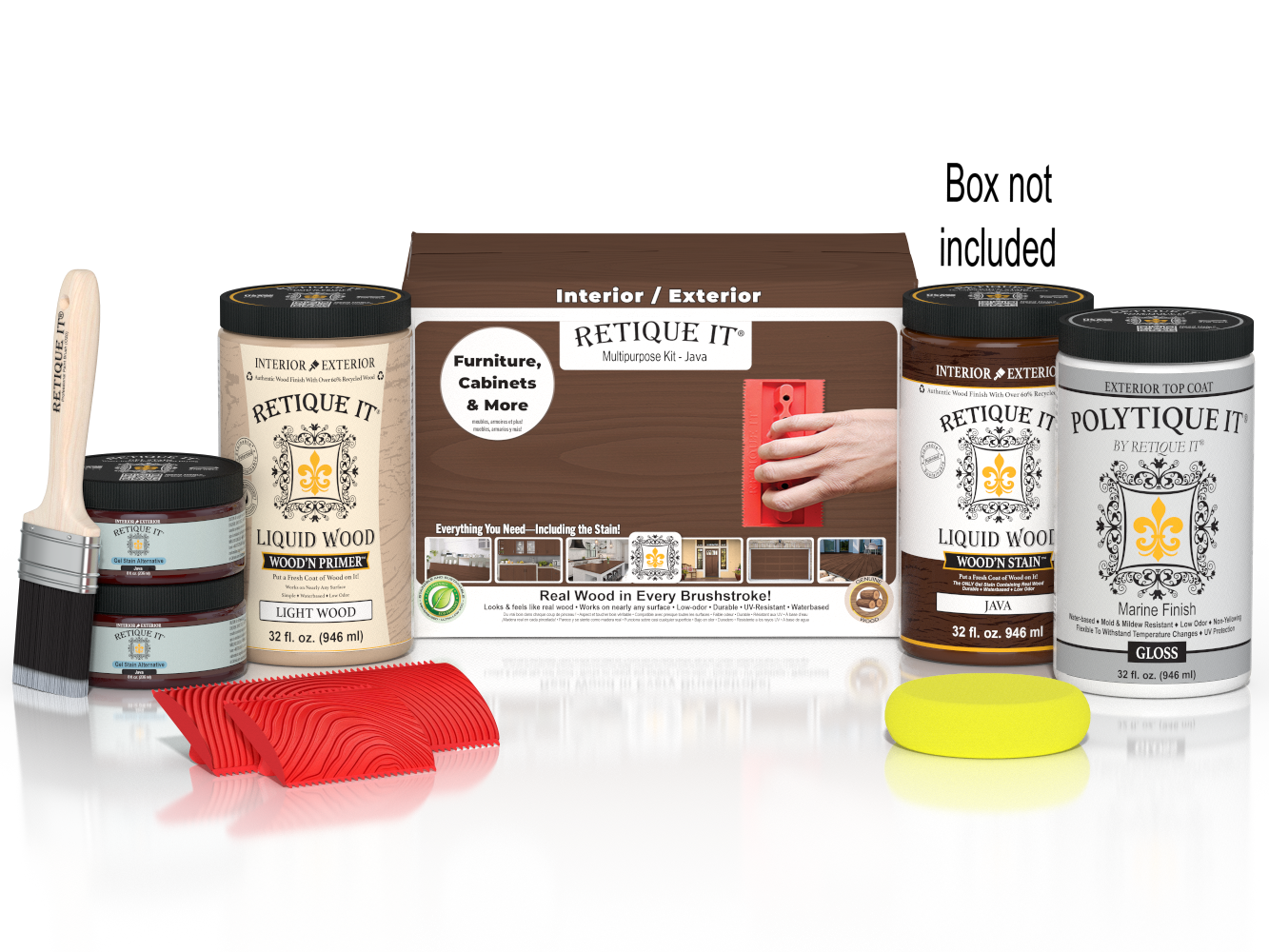 Large Java Wood'n Finish Kit by Retique It® with exterior top coat, including brushes and wood finishing supplies on a white background.