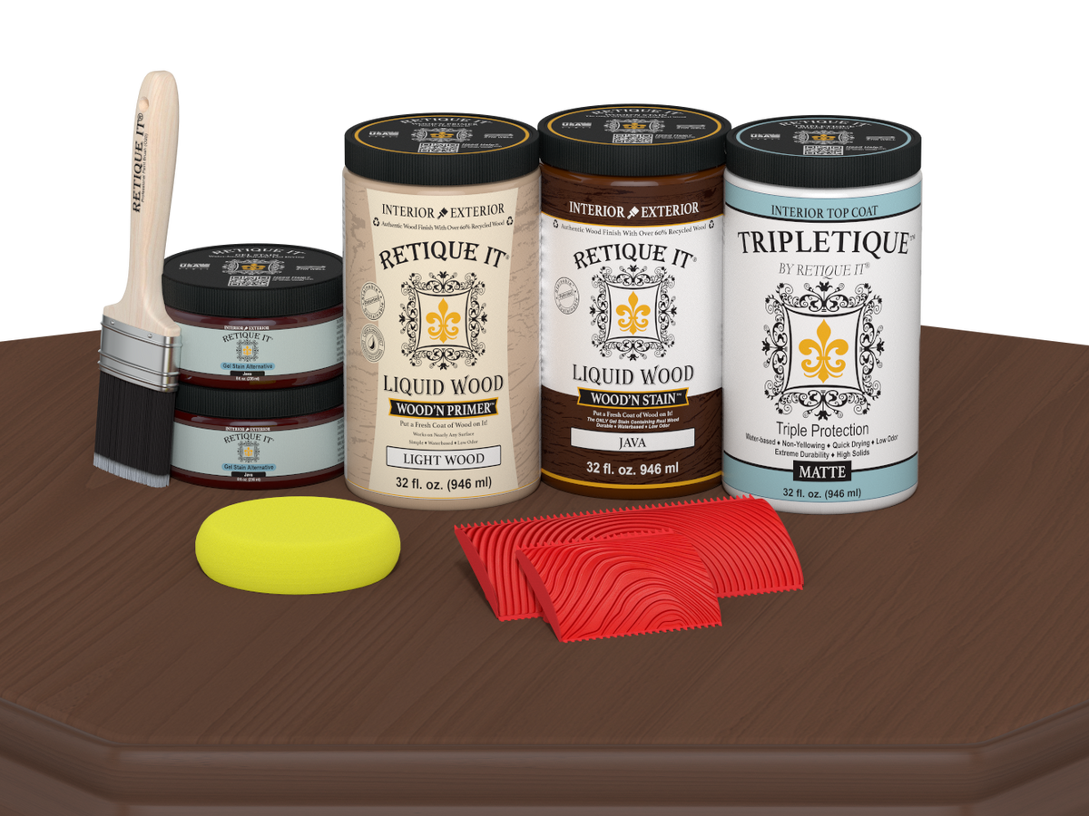 Retique It® Java countertop kit for full kitchen, featuring matte stain finish on a wooden surface.