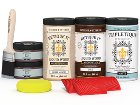 Retique It® Wood'n Cabinet Kit Java stain for 12 grained cabinet doors, matte wood finish, detailed grain texture visible.