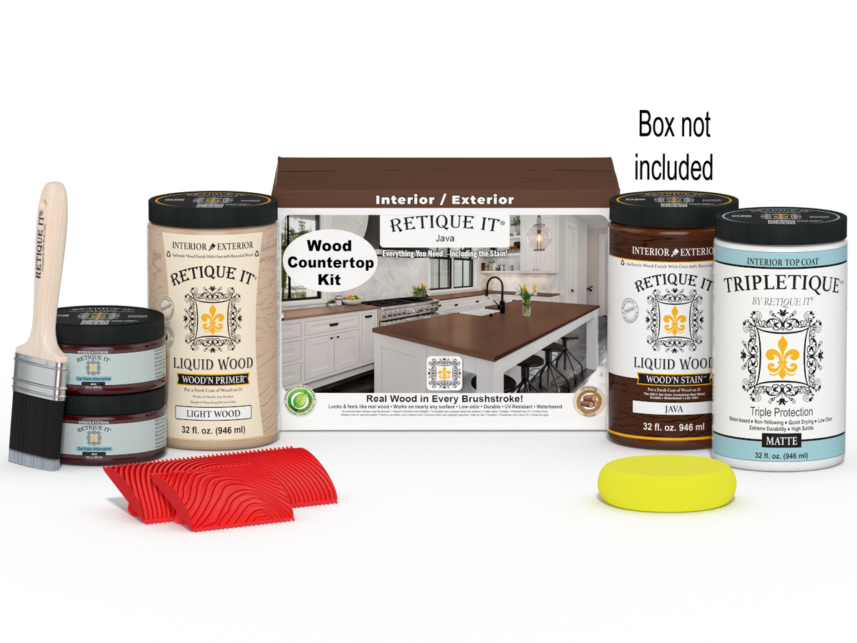 Retique It® Java countertop stain kit with stain bottles and application tools for full kitchen countertop refurbishment.