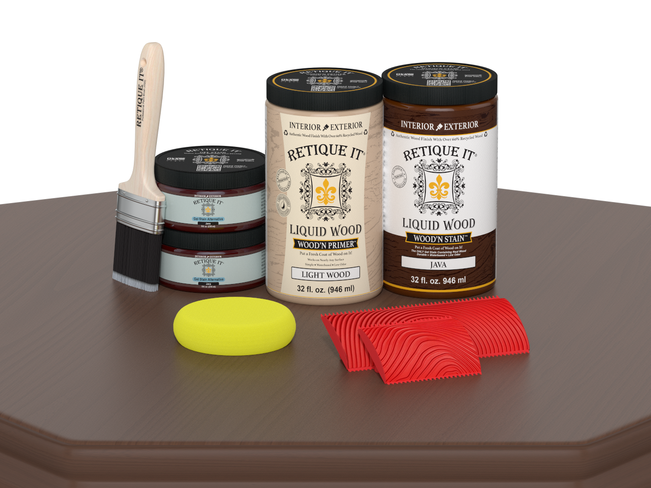 Large Java Wood'n Finish Kit by Retique It®: multi-purpose wood finishing set with brushes and applicators on a table.