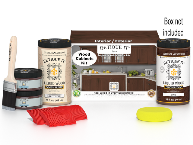 Retique It Wood'n Cabinet Kit with 12 Java-stained grained cabinet doors, showcasing natural wood grain and stain finish.