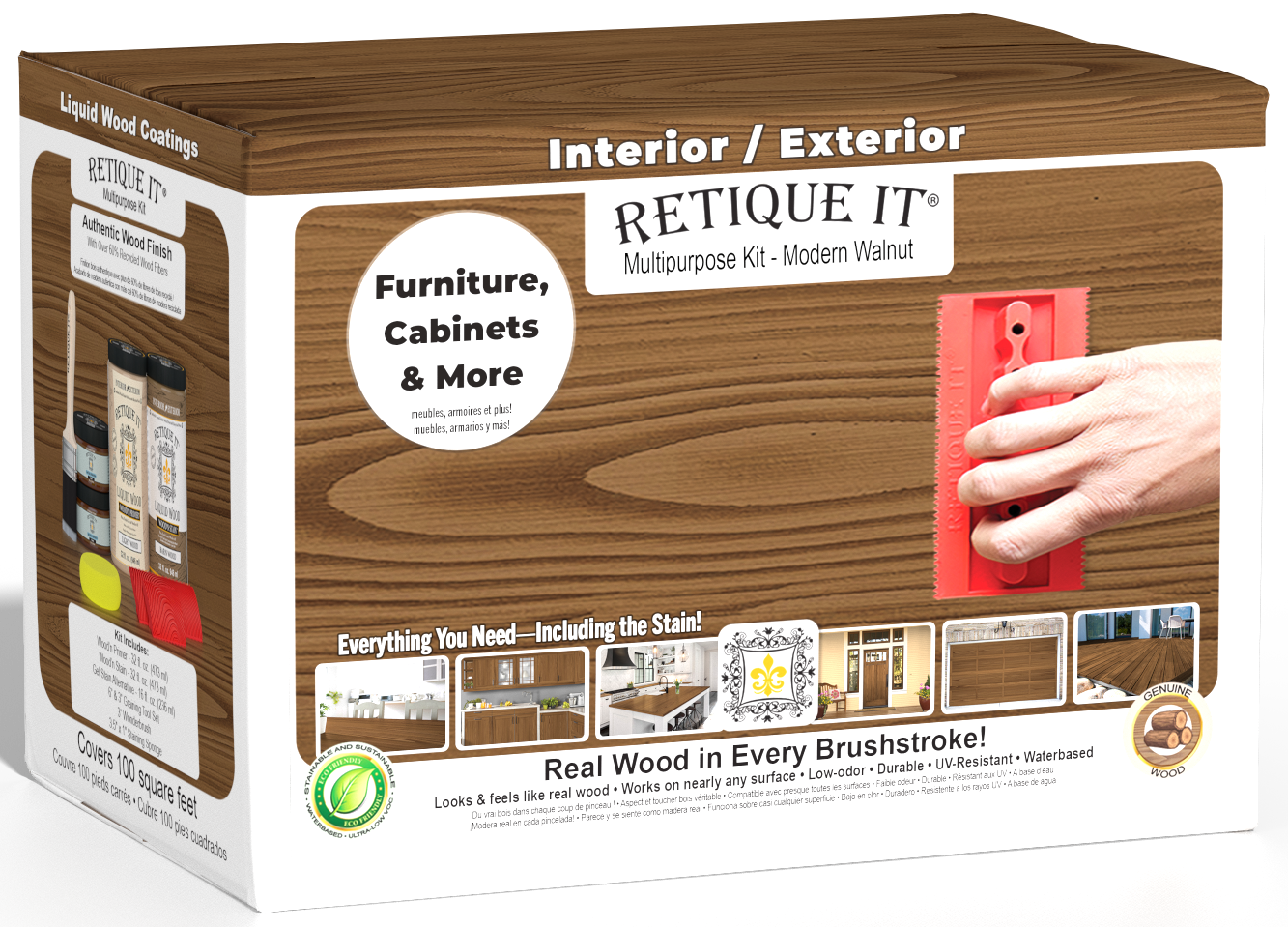 Retique It® Wood'n Finish Kit in Large Modern Walnut with exterior topcoat, featuring the wood finish product and packaging.