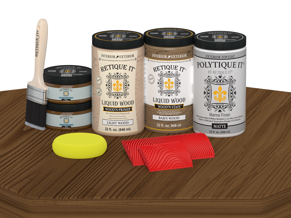Large Modern Walnut Wood'n Finish Kit by Retique It® with matte exterior topcoat, displayed on a table for multi-purpose wood finishing.