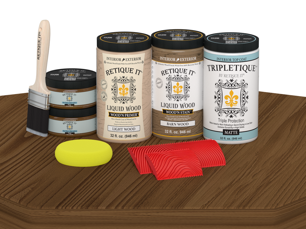 Large Modern Walnut Wood'n Finish Kit by Retique It® with matte topcoat, displayed on a table for multi-purpose wood finishing.