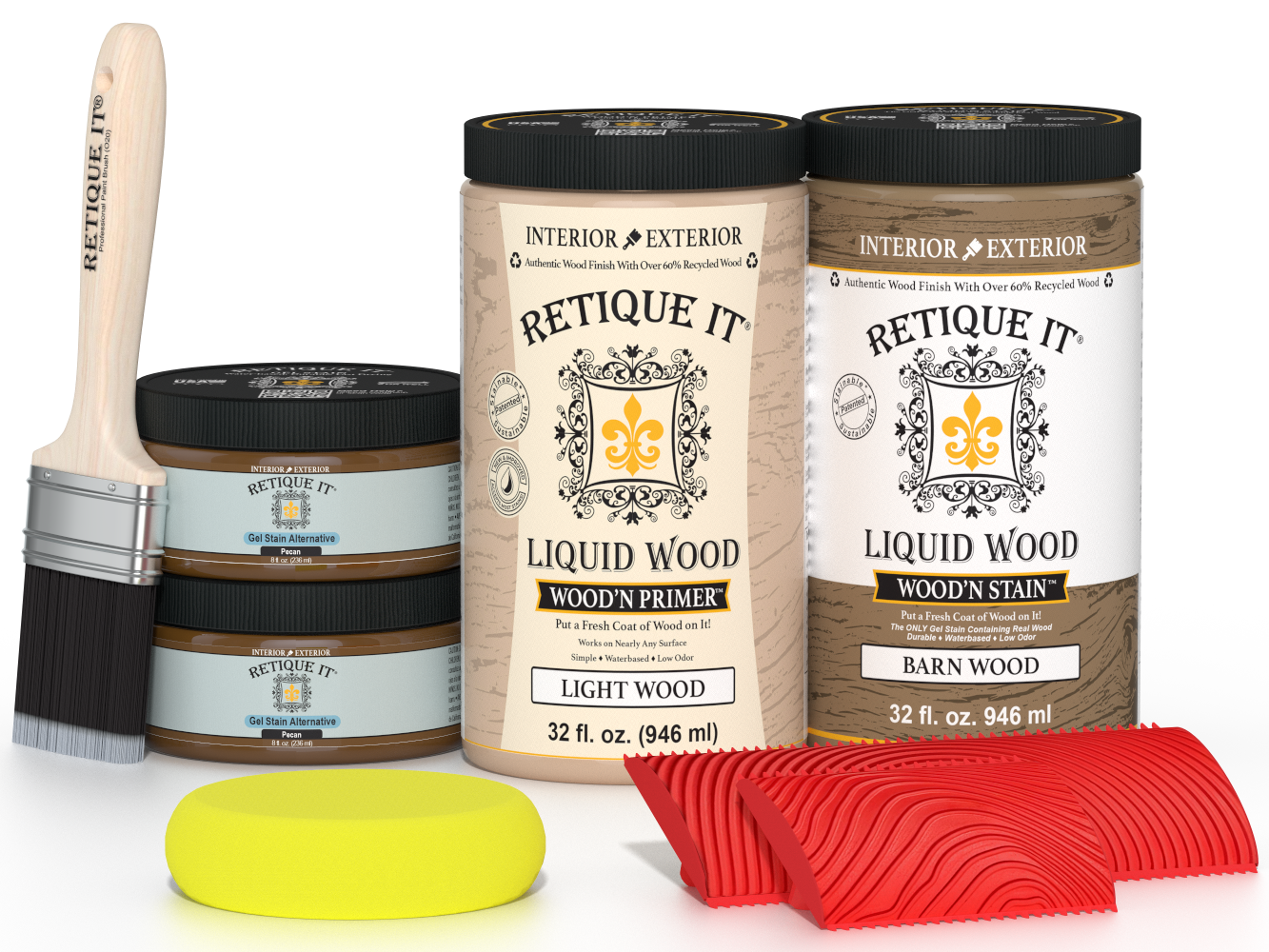 Retique It® Modern Walnut Wood Kit with primer, stain, gel stain alternative, brush, sponge, and red graining tools.