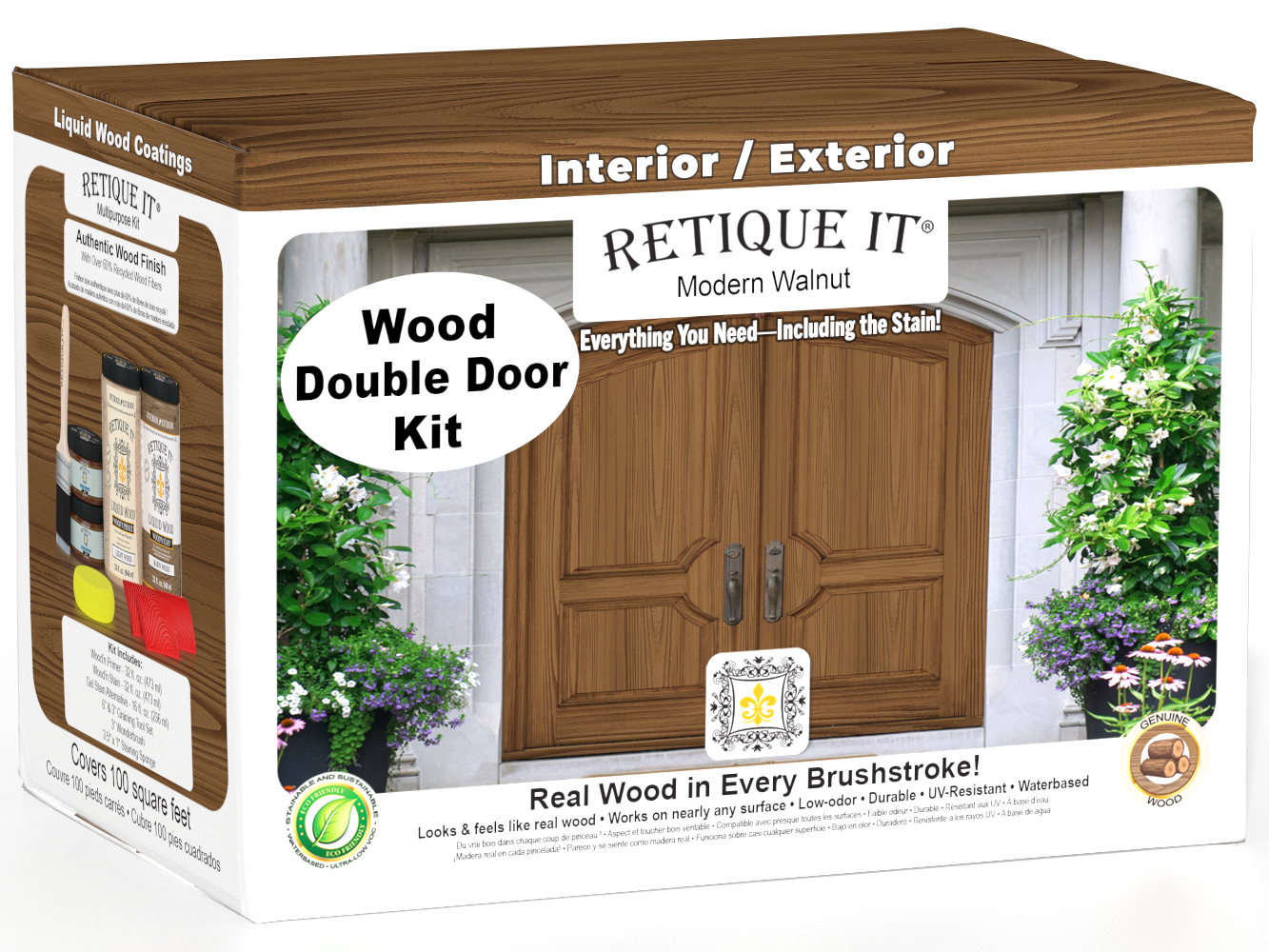 Double modern walnut wood finish front door kit by Retique It, featuring sleek stained wood surface and contemporary design.