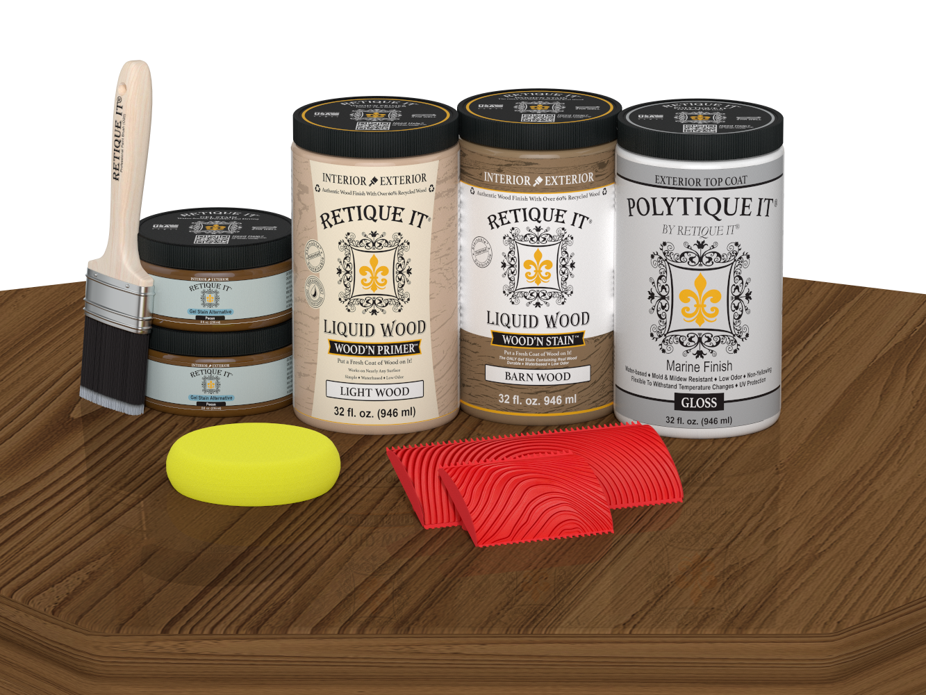 Retique It® Modern Walnut Wood Kit with primer, stains, gloss topcoat, brush, yellow sponge, and red graining tools.