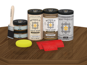 Retique It® Modern Walnut Wood Kit with primer, stains, gloss topcoat, brush, yellow sponge, and red graining tools.