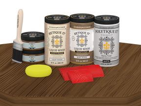 Retique It® Modern Walnut Wood Kit with primer, stains, matte topcoat, brush, yellow sponge, and red graining tools.