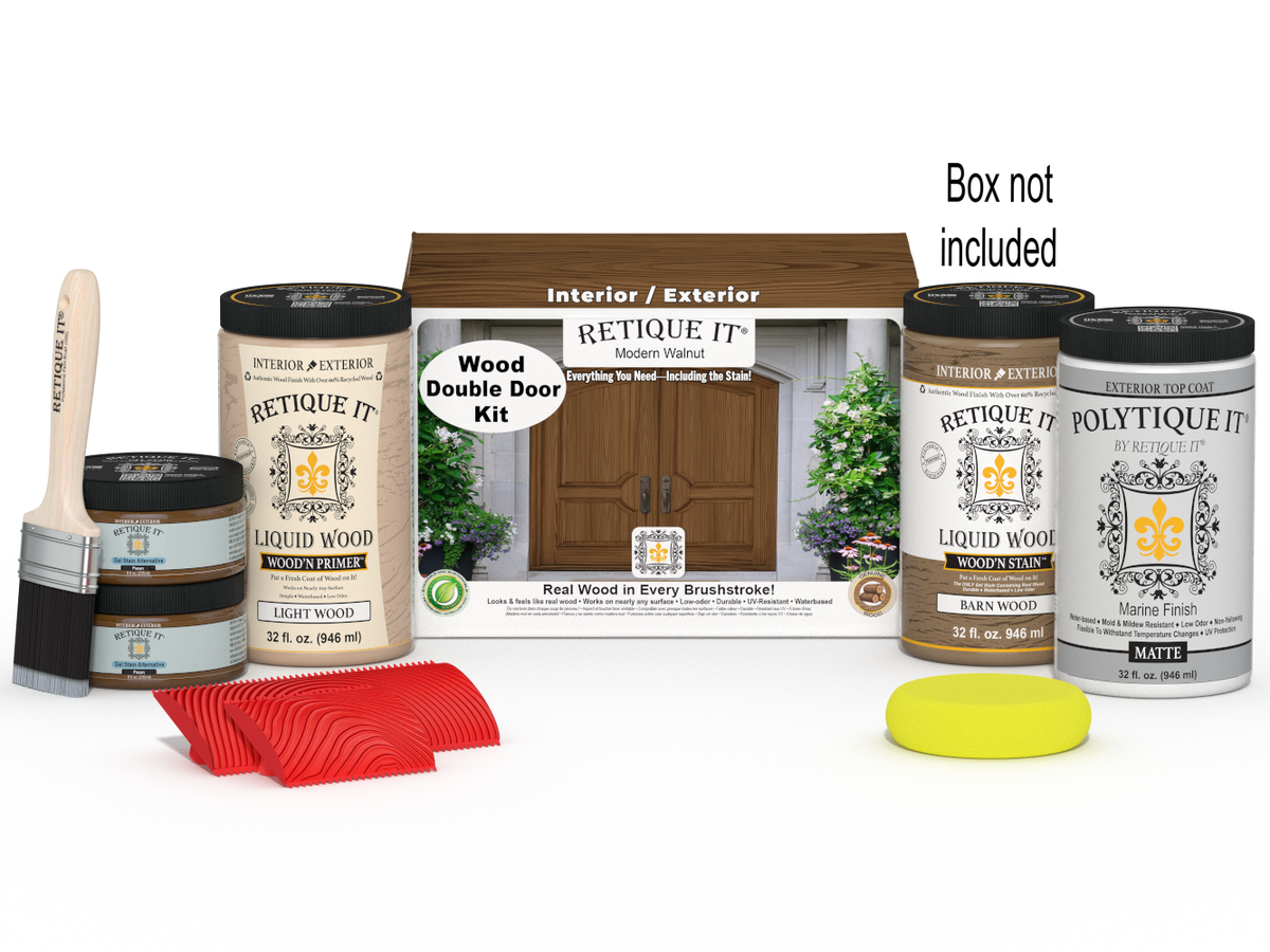 Retique It® Modern Walnut Wood Double Door Kit with primer, stain, matte topcoat, brush, yellow sponge, red graining tool set, and packaging.