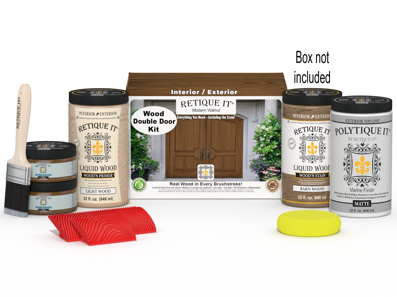 Retique It® Modern Walnut Wood Double Door Kit with primer, stain, matte topcoat, brush, yellow sponge, red graining tool set, and packaging.