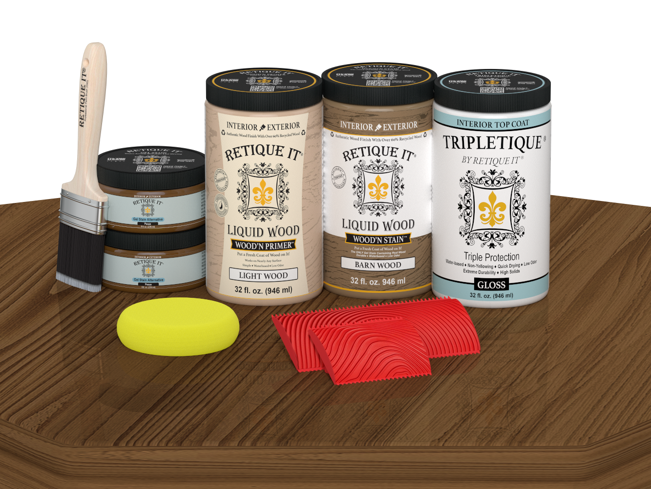 Retique It® Modern Walnut Wood Kit with primer, stain, gloss topcoat, brush, roller, yellow sponge, and red graining tools.
