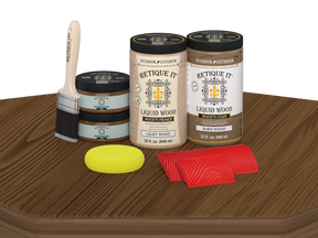 Retique It® Modern Walnut Wood Kit with primer, stains, brush, yellow sponge, and red graining tools.