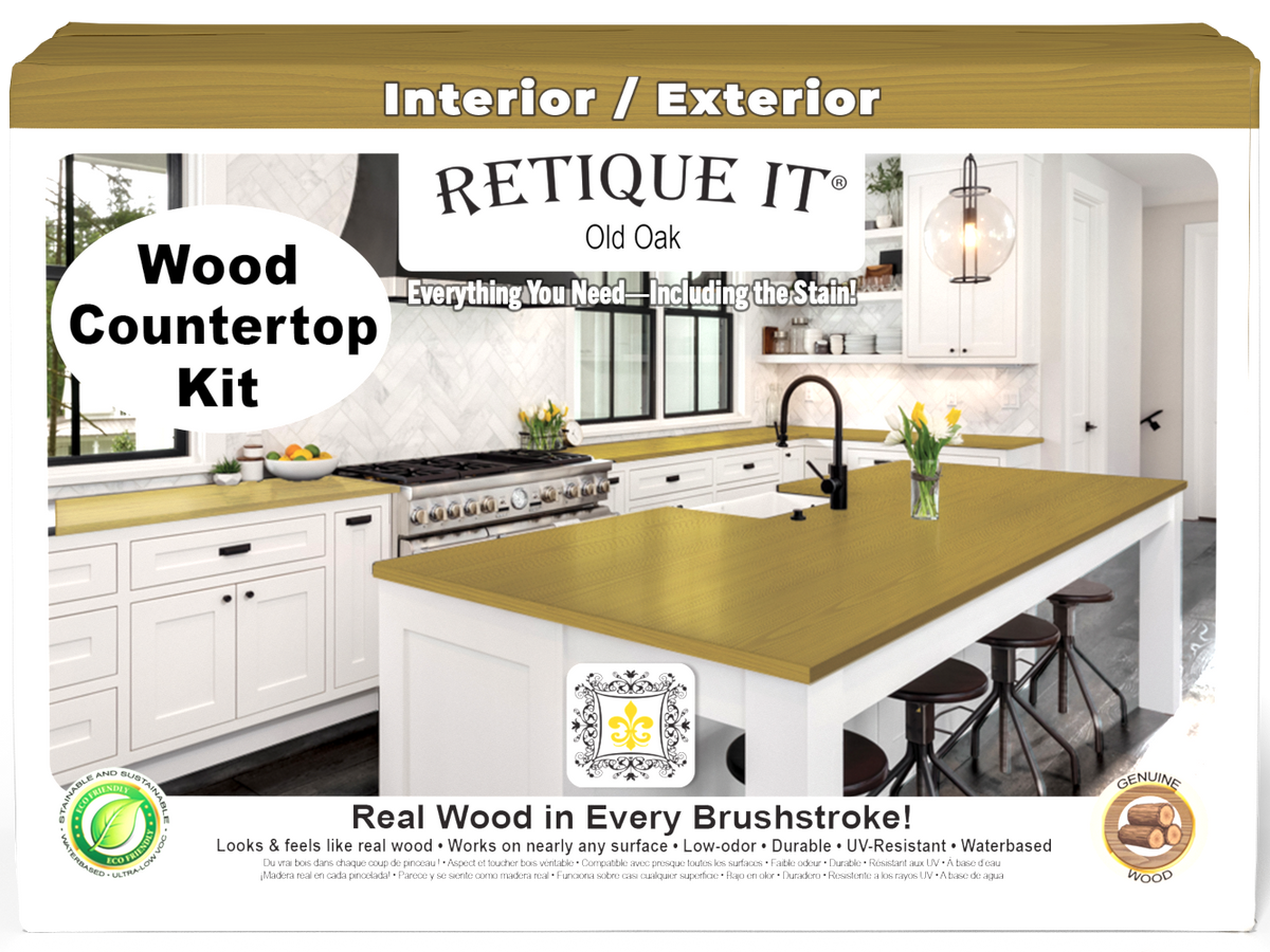 Retique It® Old Oak countertop kit with stain, showcasing a full kitchen countertop with a natural wood finish.