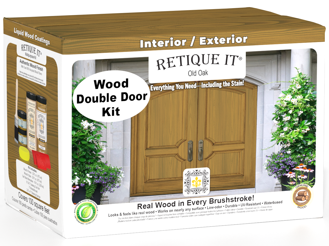 Retique It Wood'n Finish Front Door Kit in Old Oak stain, double door with natural wood grain finish and detailed texture.