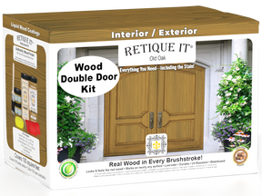 Retique It Wood'n Finish Front Door Kit in Old Oak stain, double door with natural wood grain finish and detailed texture.