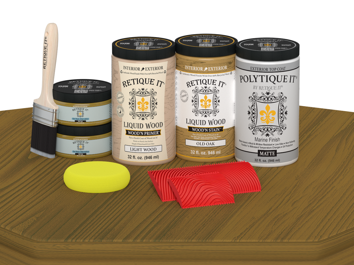 Retique It Wood'n Finish Front Door Kit in Old Oak stain, featuring a double door with matte finish on a table display.