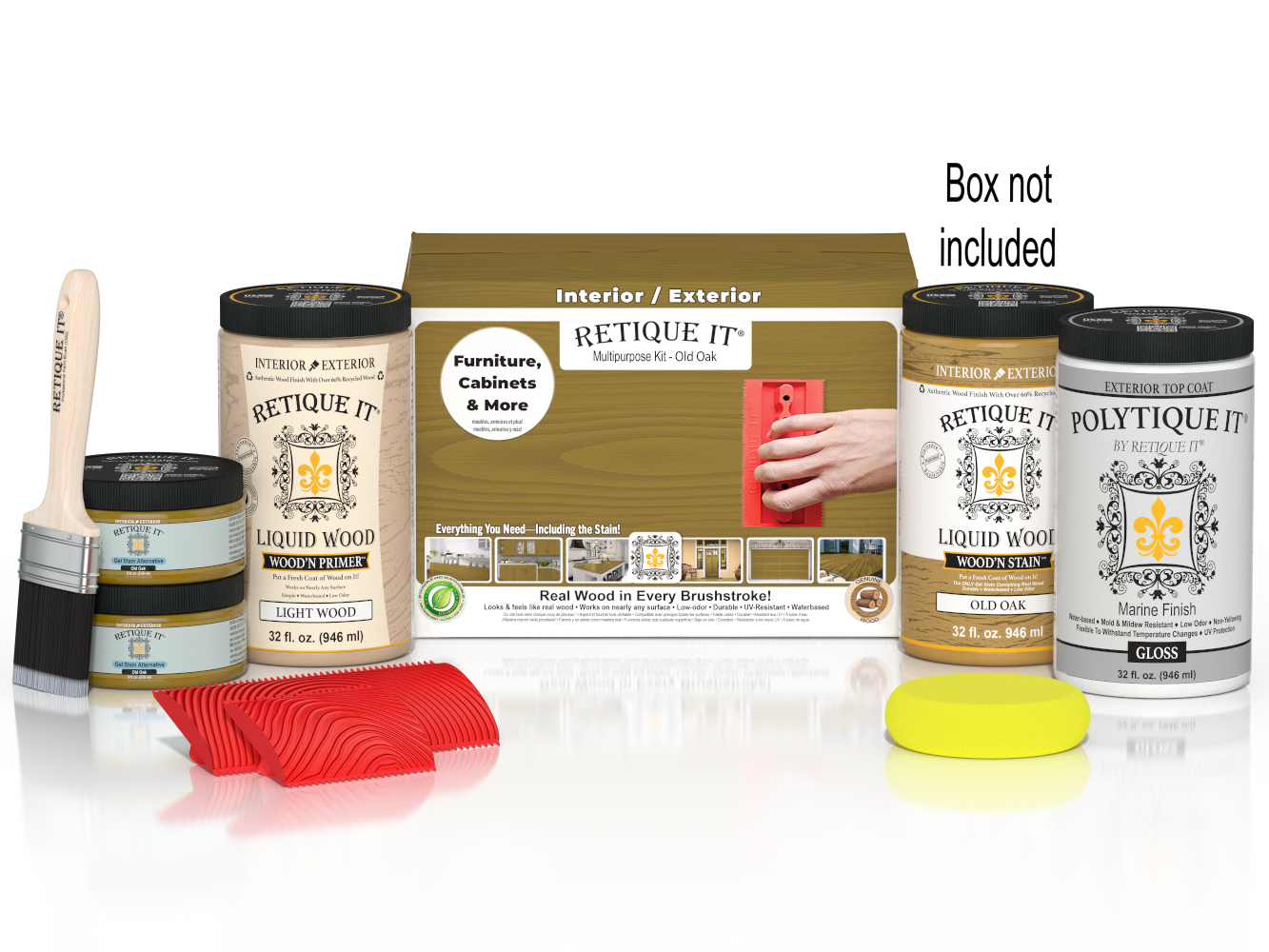 Large Old Oak Wood'n Finish Kit by Retique It® with exterior top coat, includes wood finish products and application tools in a box.