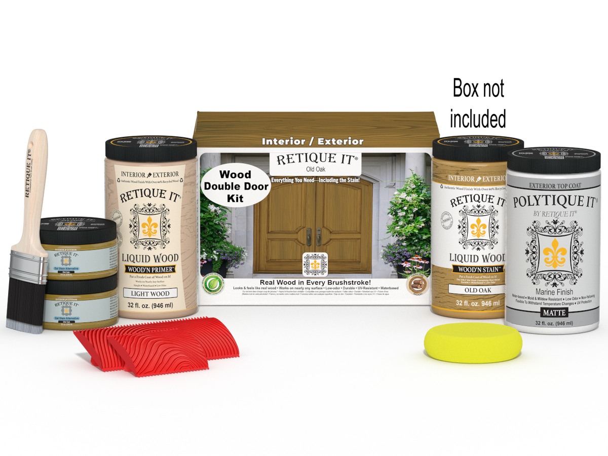 Retique It Wood'n Finish Front Door Kit in Old Oak stain, double door with natural wood grain and detailed finish.