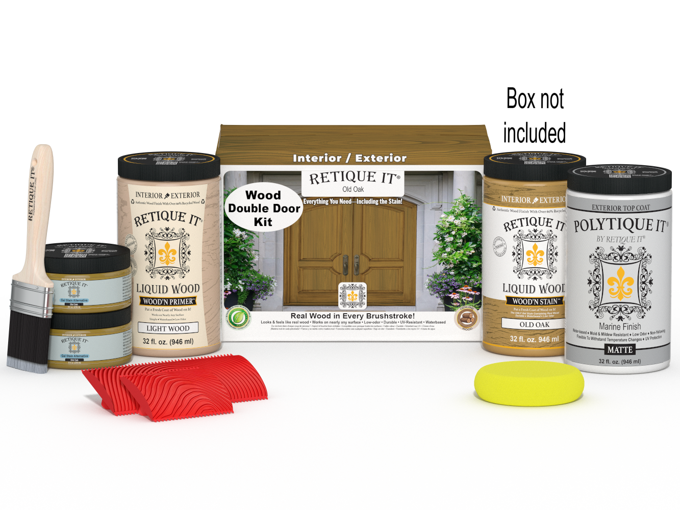 Retique It Wood'n Finish Front Door Kit in Old Oak stain, double door with natural wood grain and detailed finish.