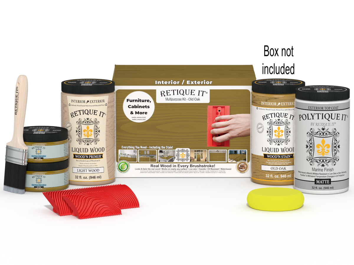 Large Old Oak Wood'n Finish Kit by Retique It® with exterior top coat and brush, suitable for multi-purpose wood finishing projects.