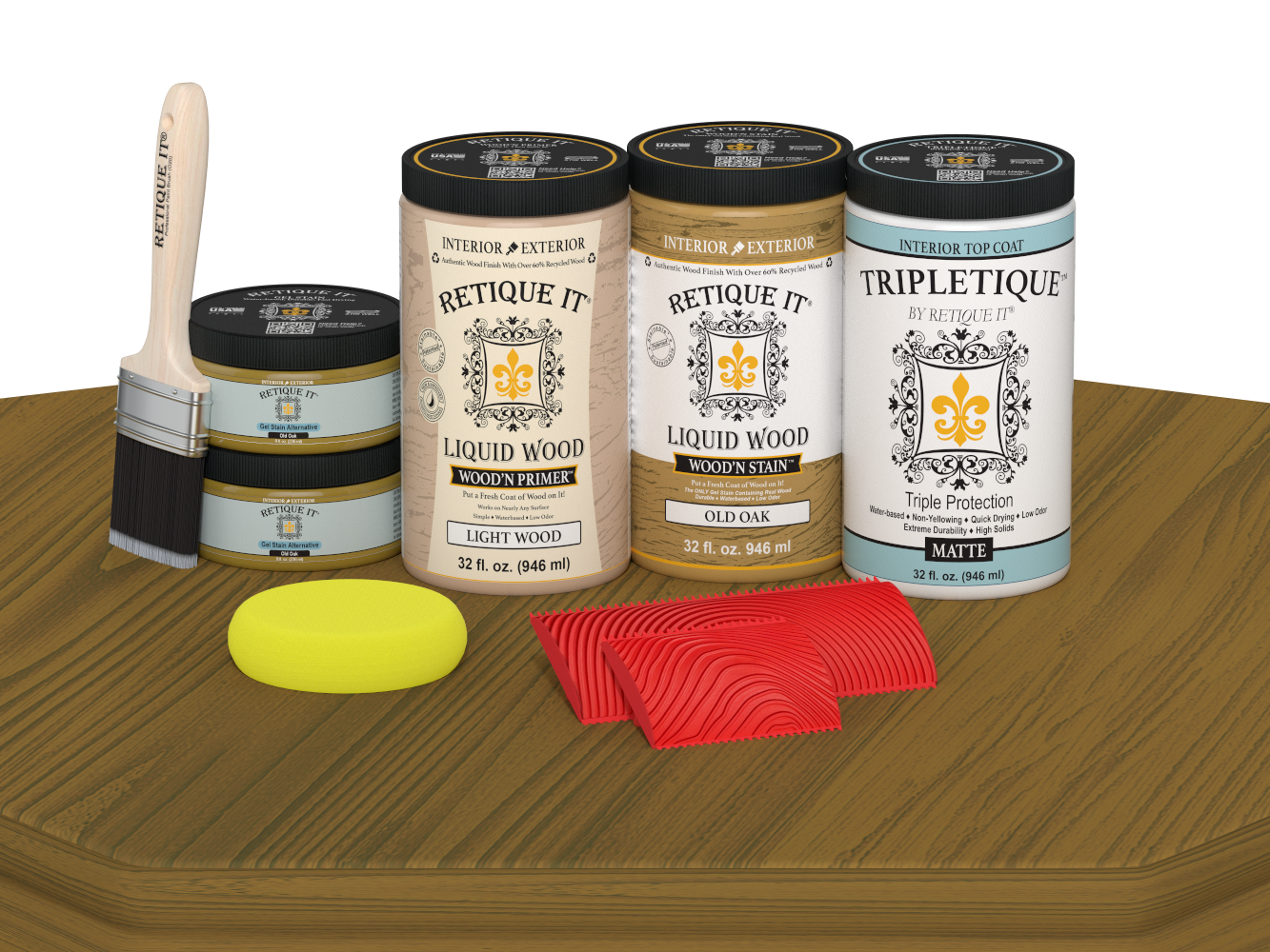 Retique It Wood'n Cabinet Kit in Old Oak stain, featuring 12 grained cabinet doors with matte finish on a table.