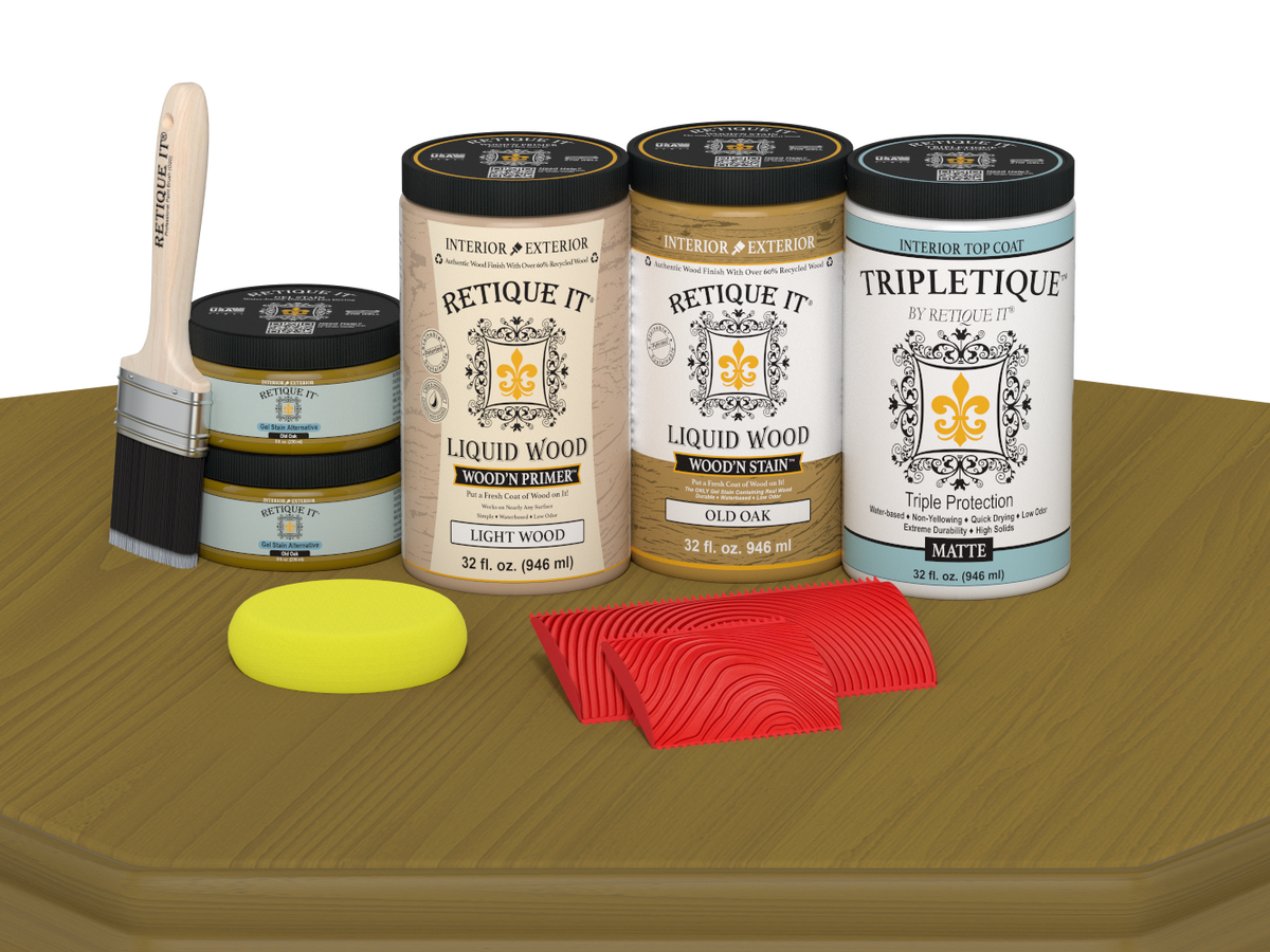Retique It® Old Oak countertop stain kit for full kitchen countertops, featuring matte finish and wood grain details.