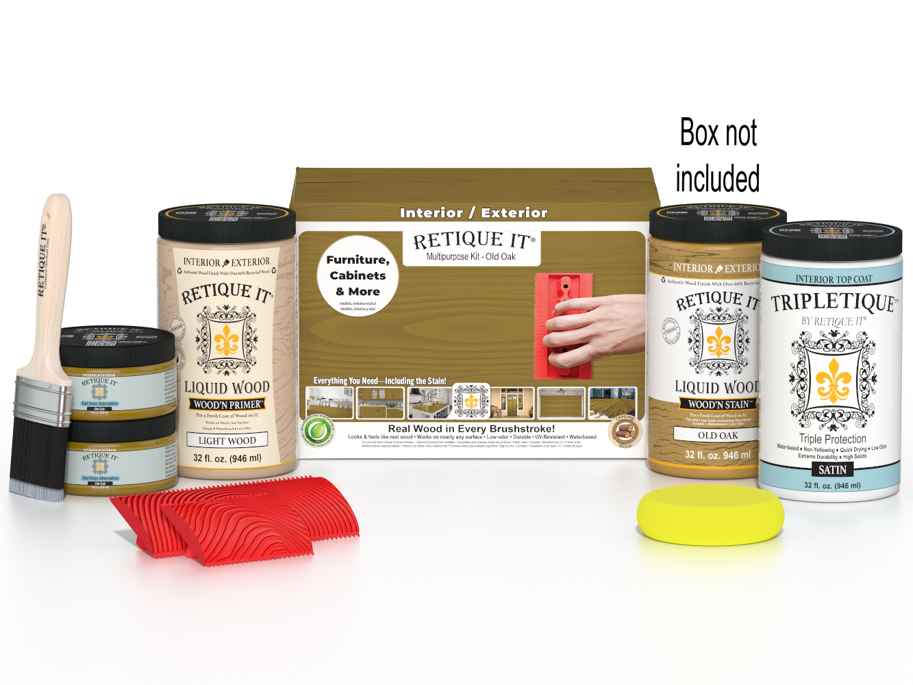 Large Old Oak Wood'n Finish Kit by Retique It® for interior top coat application, includes wood finish tools and supplies.