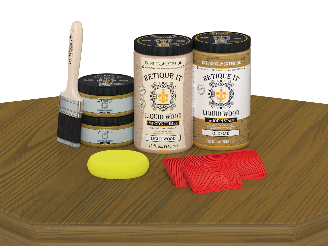 Retique It Wood'n Finish Front Door Kit in Old Oak stain, showcasing a double front door with wood grain details and finish application.