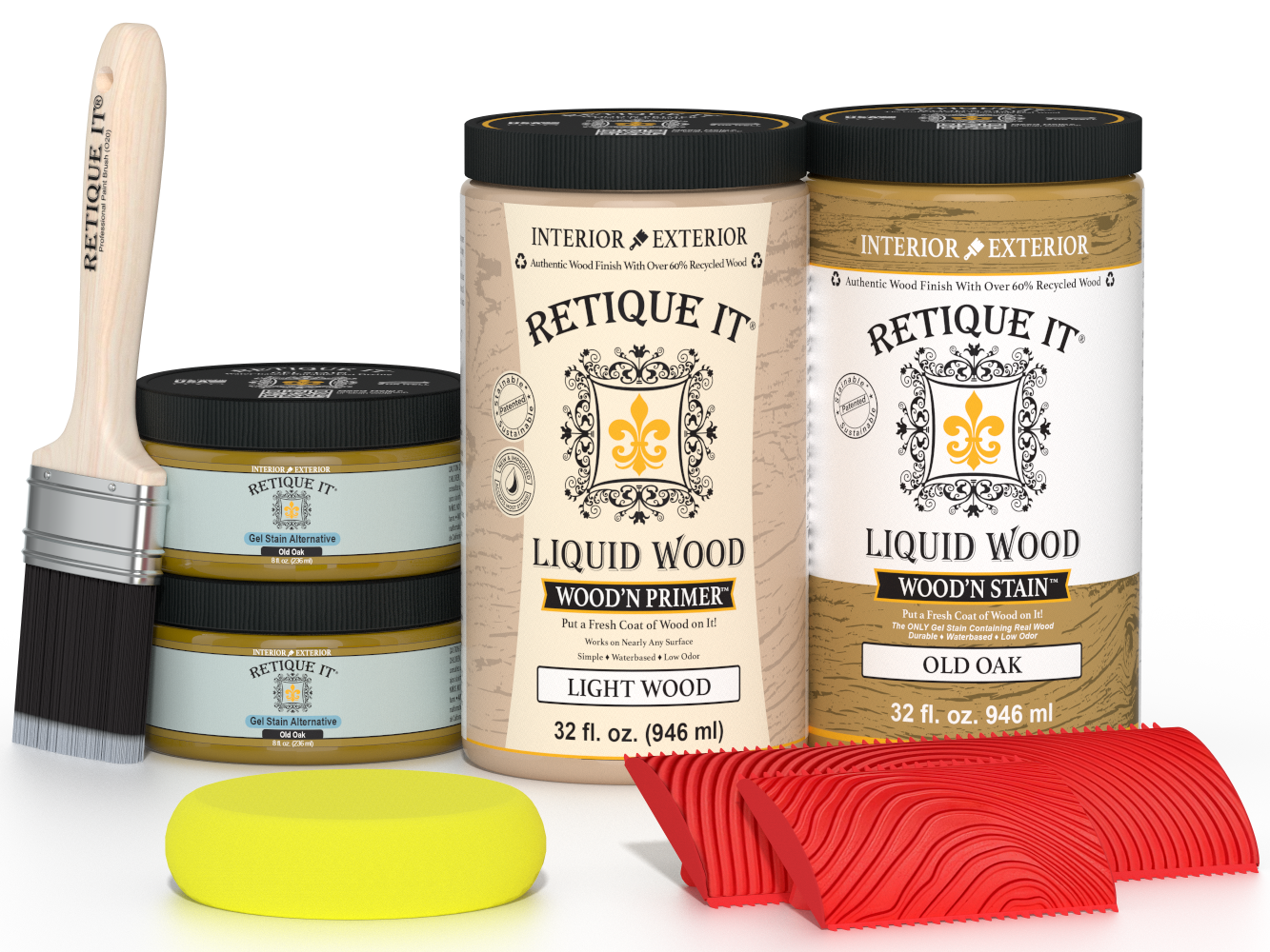 Large Old Oak Wood'n Finish Kit by Retique It® for multi-purpose wood finishing projects, includes various wood tones and application tools.