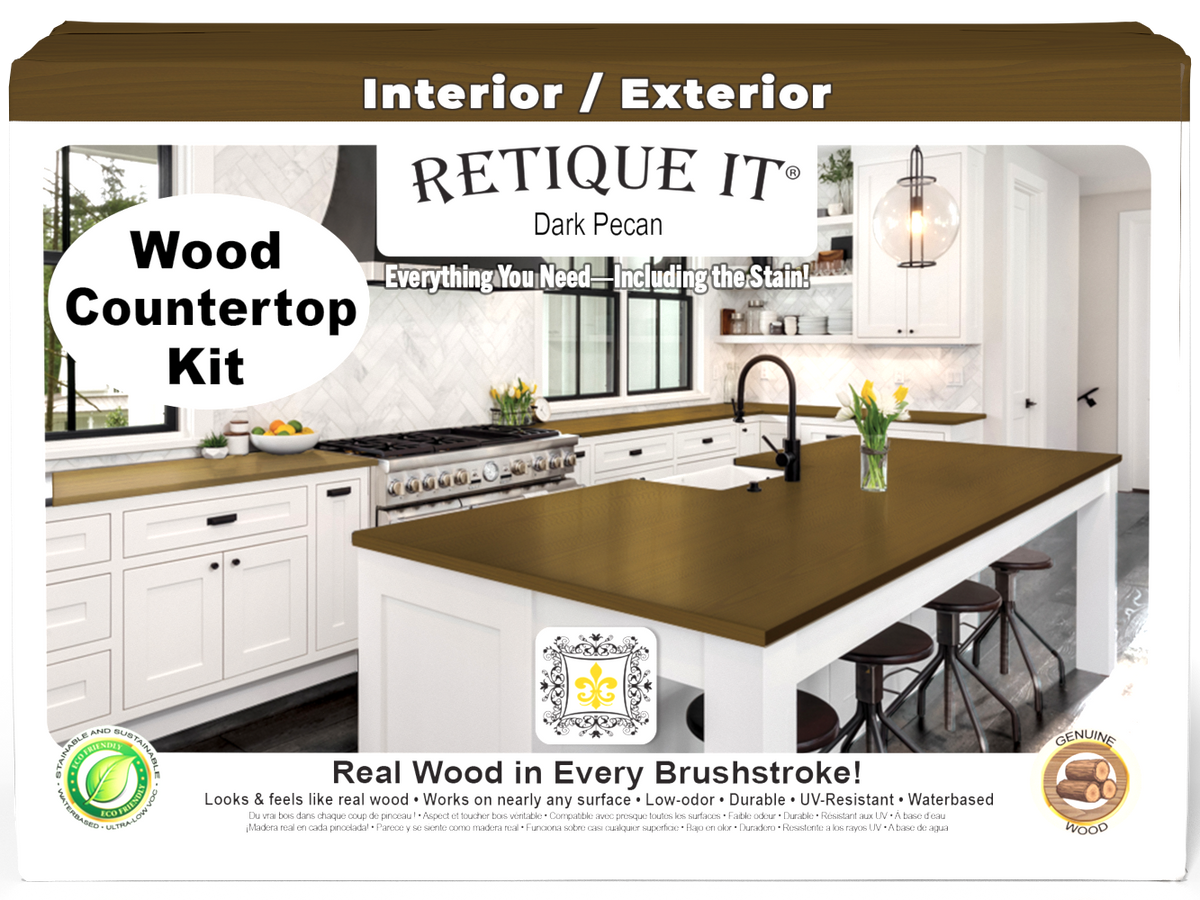 Retique It® dark pecan countertop kit with stain application, showing a finished full kitchen countertop in dark brown tones.