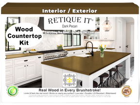 Retique It® dark pecan countertop kit with stain application, showing a finished full kitchen countertop in dark brown tones.