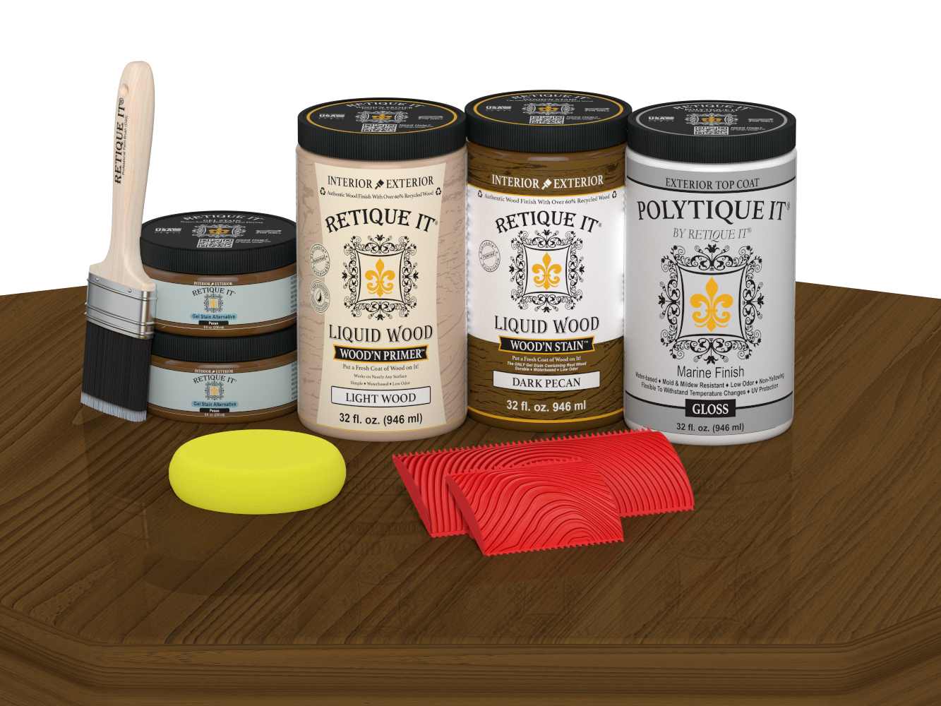 Retique It® Wood'n Finish front door kit in dark pecan stain with a glossy finish, shown on a wooden door.