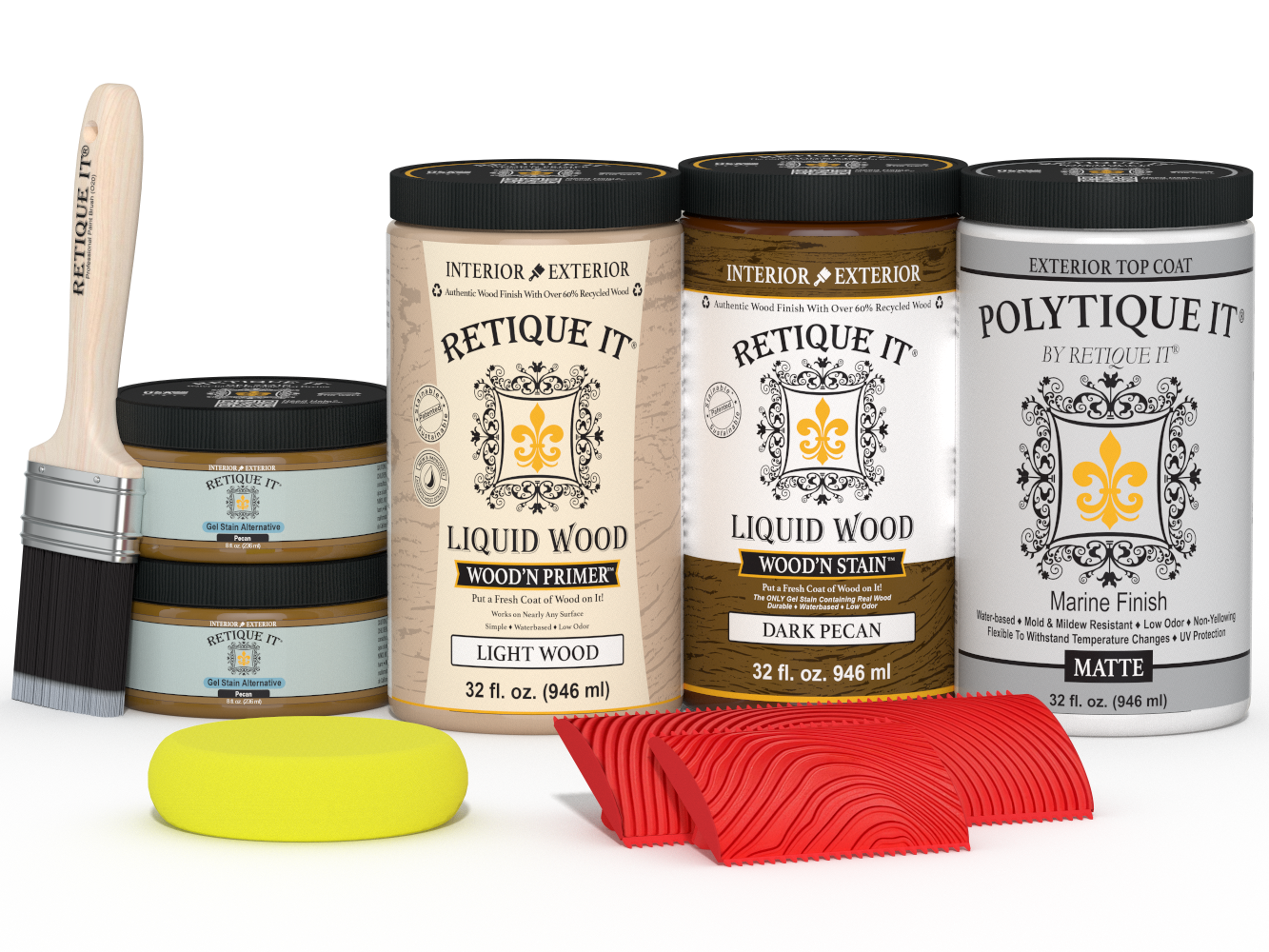 Large Dark Pecan Wood'n Kit from Retique It® for exterior top coat, includes wood finish products and tools in a compact package.