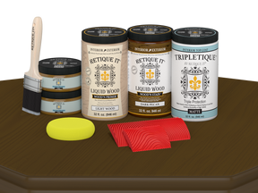 Retique It® dark pecan countertop kit stain on a kitchen table with a matte finish, showcasing wood grain and natural texture.