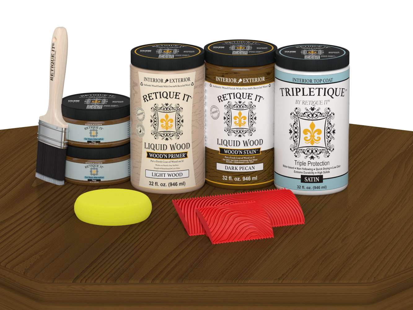 Retique It® Wood’n Finish Kit with four dark pecan stain bottles for tabletops, satin finish, wood stain set.