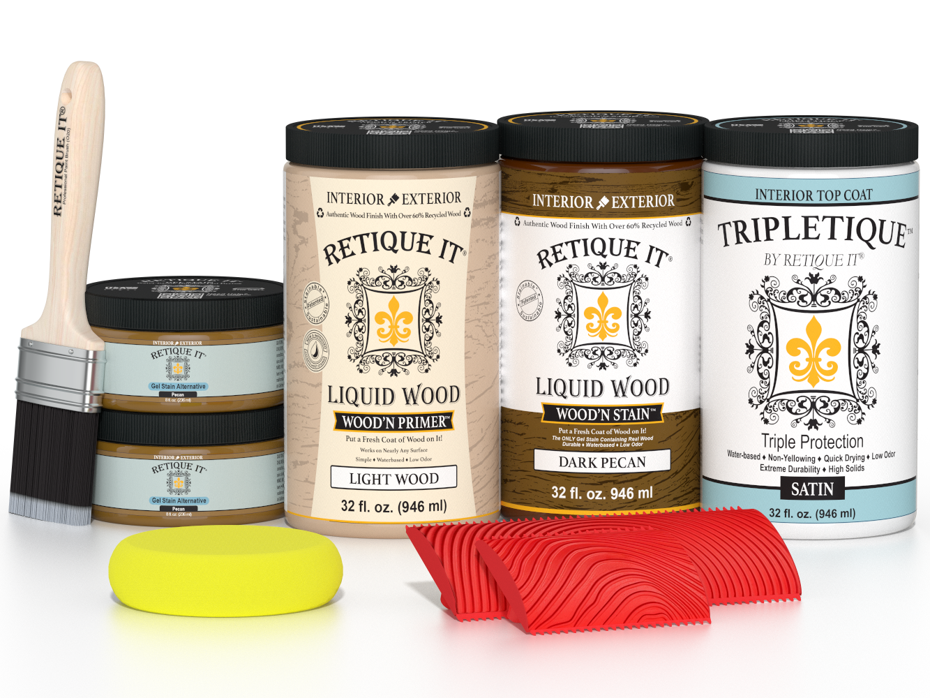 Large Dark Pecan Wood'n Finish Kit by Retique It® for interior top coat, featuring wood stain and finishing supplies in a satin finish.