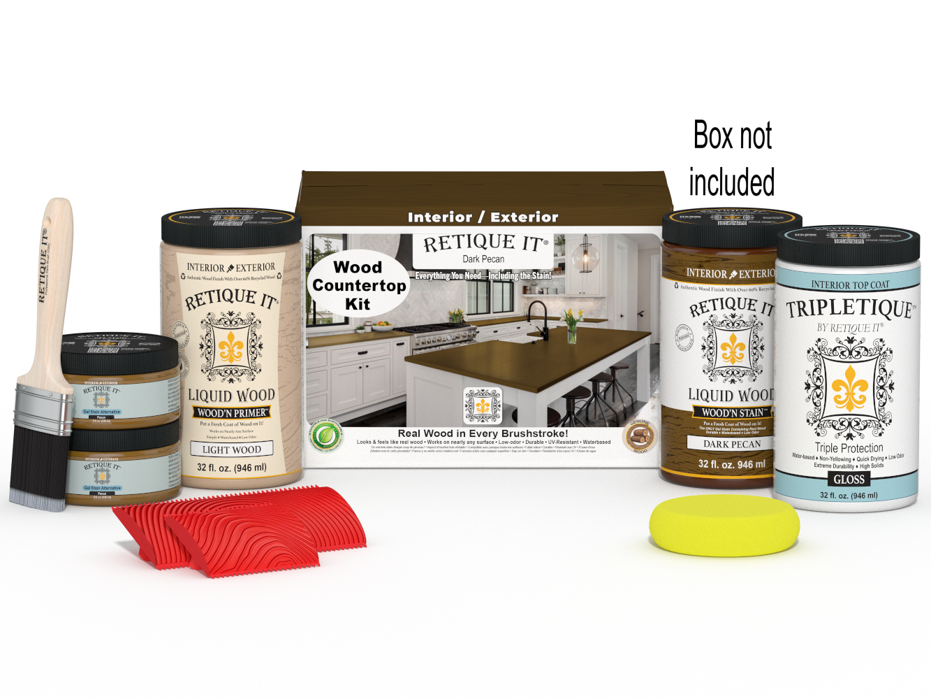 Retique It® dark pecan countertop kit with stains, showcasing a finished kitchen countertop with rich wood tones and natural grain.