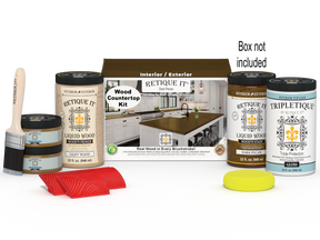 Retique It® dark pecan countertop kit with stains, showcasing a finished kitchen countertop with rich wood tones and natural grain.