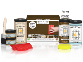 Large Dark Pecan Wood'n Finish Kit by Retique It® for interior projects, includes top coat and application tools in a box.