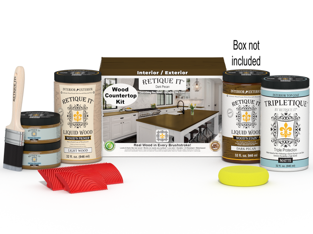 Dark Pecan countertop kit from Retique It featuring stains for full kitchen remodeling, shown with application box.