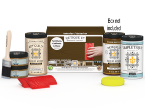 Large Dark Pecan Wood'n Finish Kit by Retique It® with interior top coat and wooden tools, in a box.
