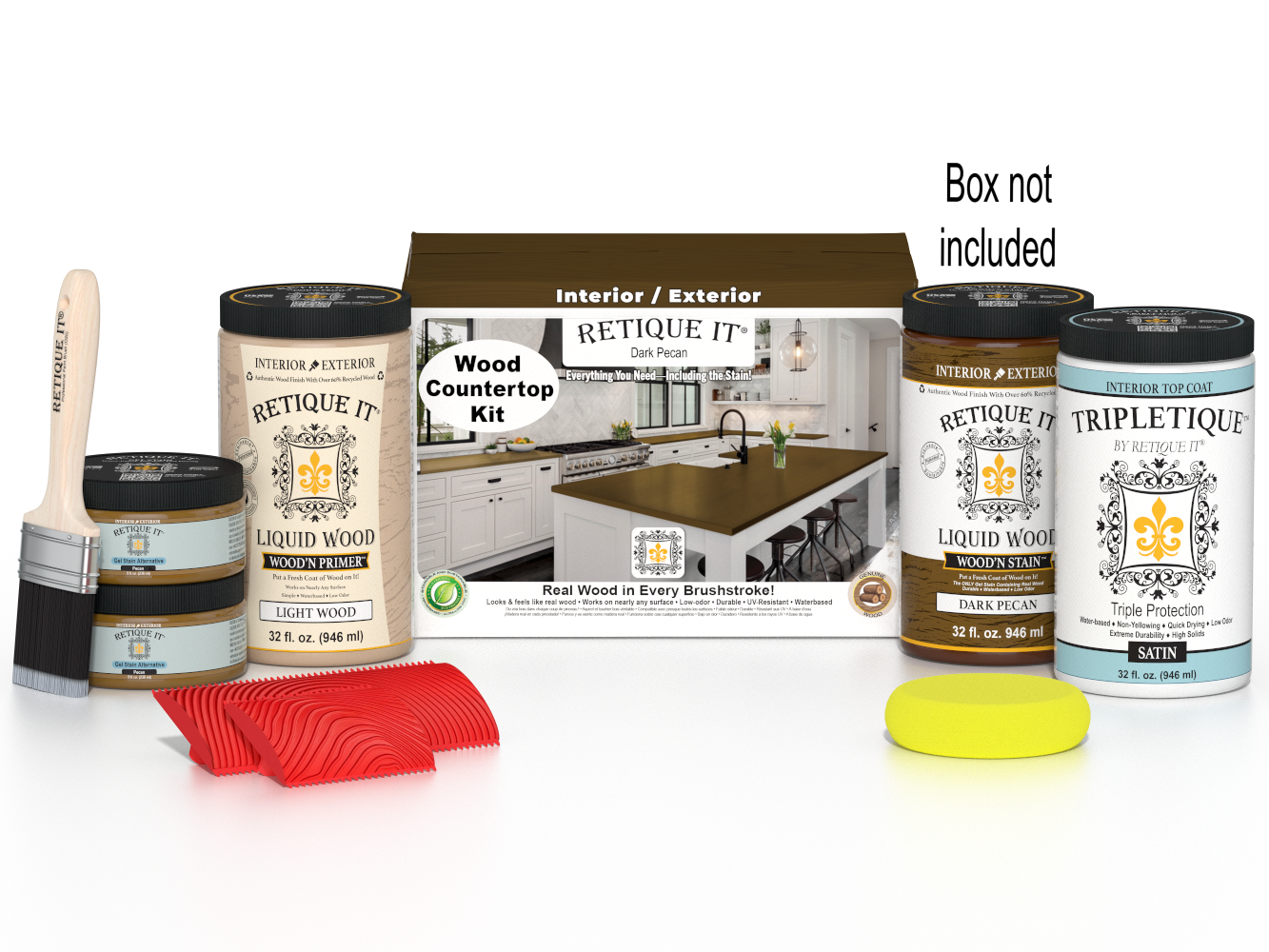 Retique It® dark pecan countertop stain kit with stain bottles and application tools for full kitchen countertop finishing.
