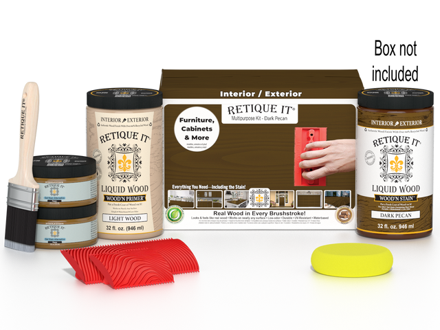 Large Retique It Wood'n Finish Kit in Dark Pecan with brushes and tools for multi-purpose woodworking projects.