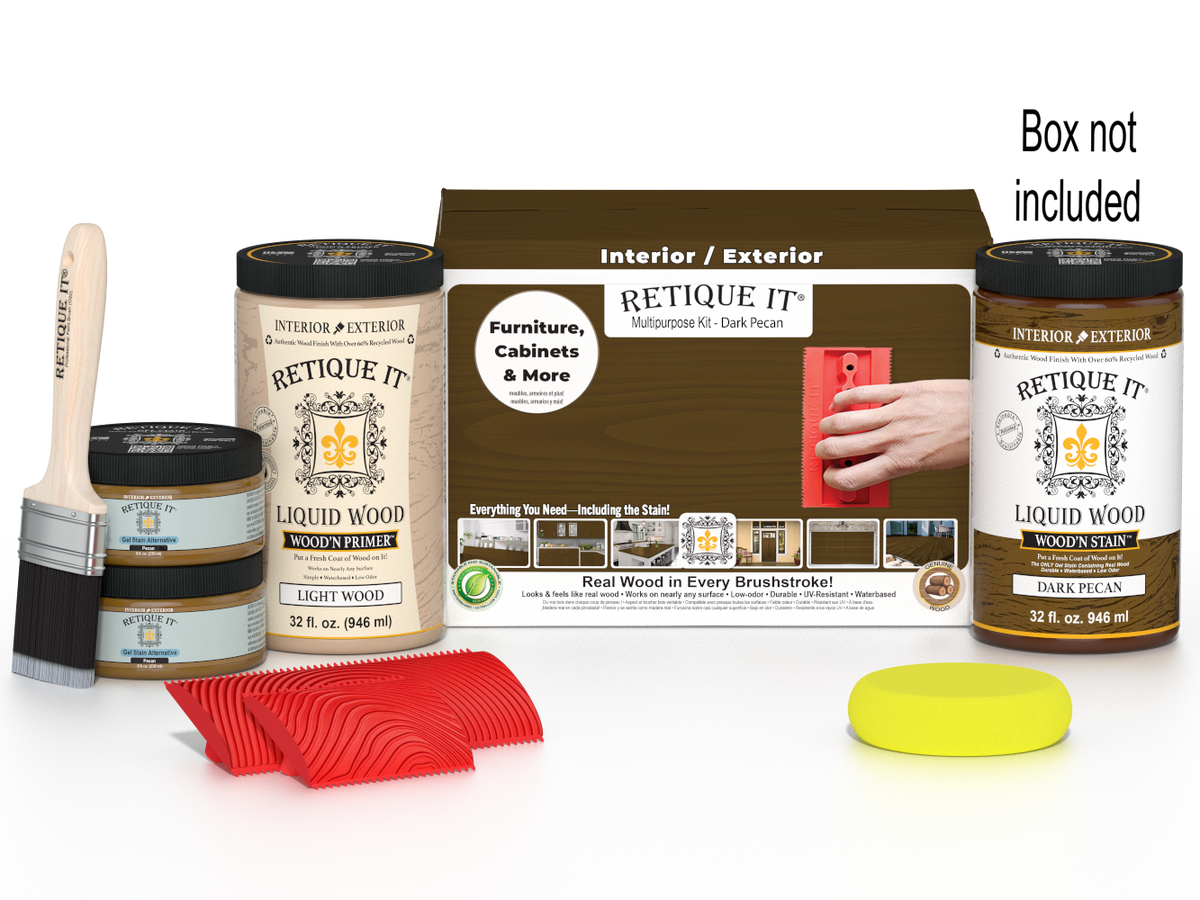 Large dark pecan Wood'n Finish Kit by Retique It® with wood stain and finishing supplies in a box.