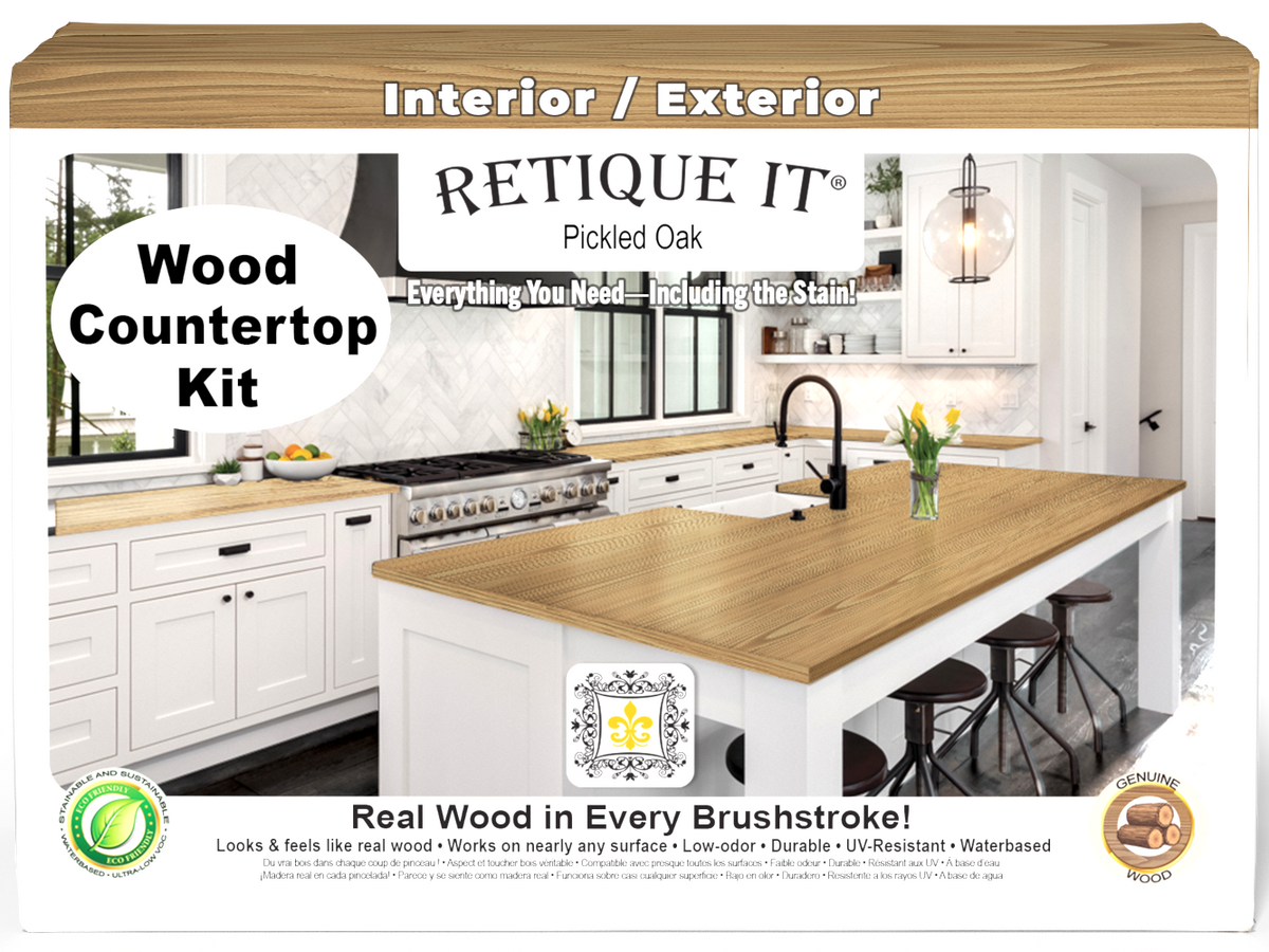 Retique It® Pickled Oak countertop stain kit for full kitchen countertops, showing a natural wood finish and product packaging.